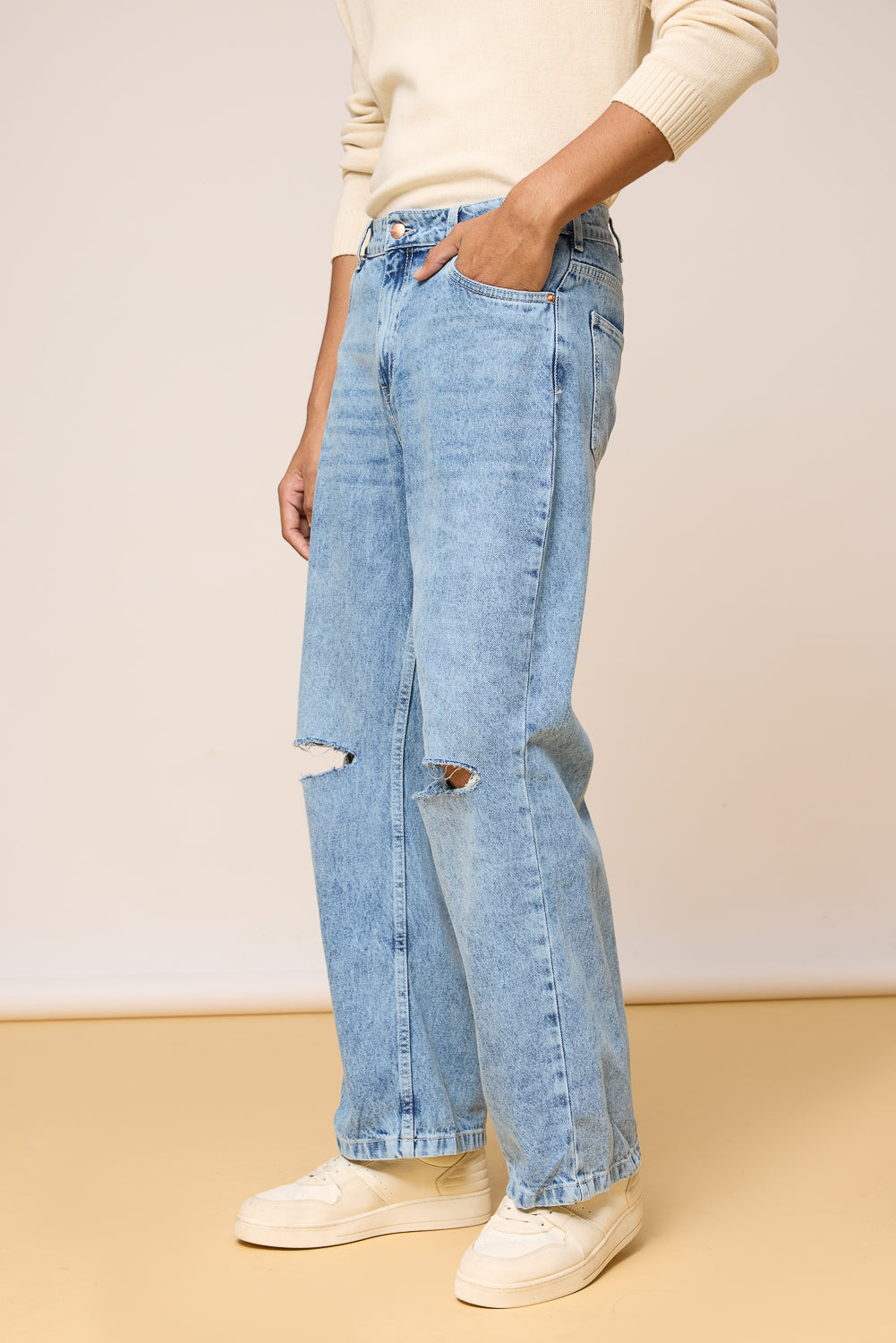 Classic Blue Distressed Men's Wide Leg Jeans