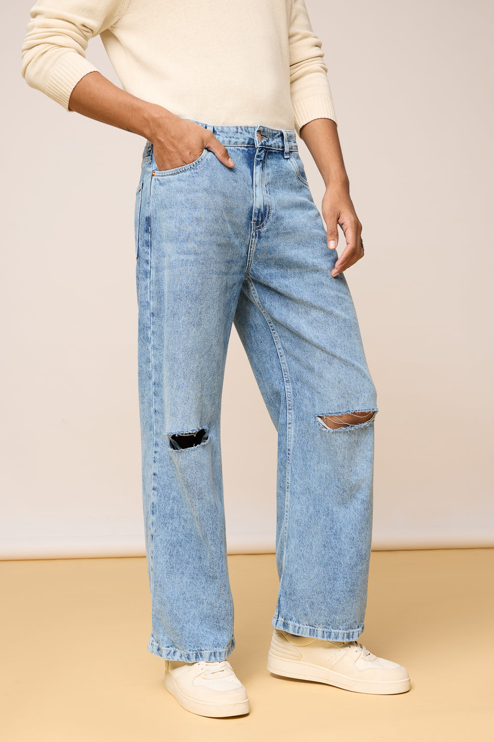 Classic Blue Distressed Men's Wide Leg Jeans