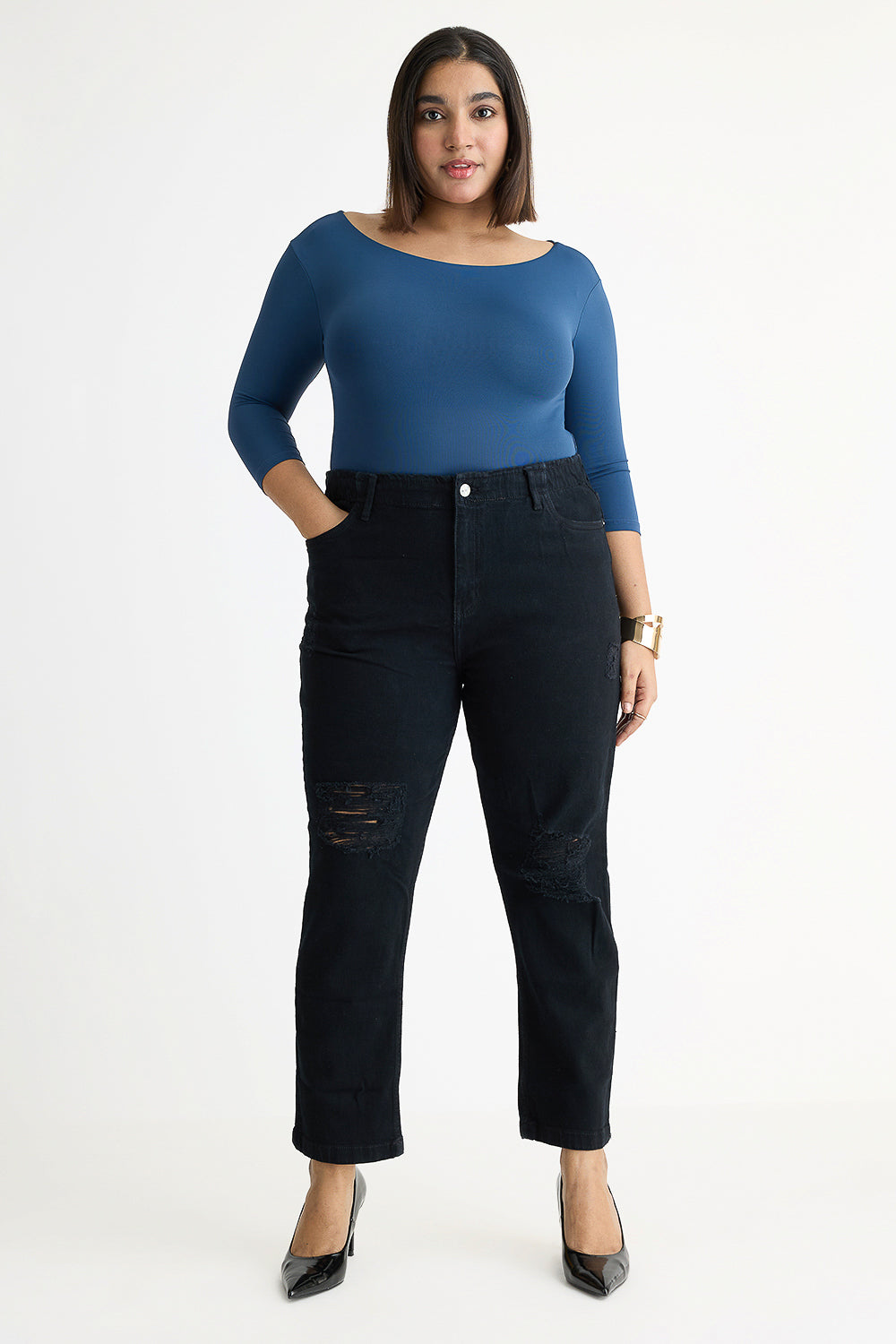 Curve Jet Black Elasticated Distress Slim Jeans