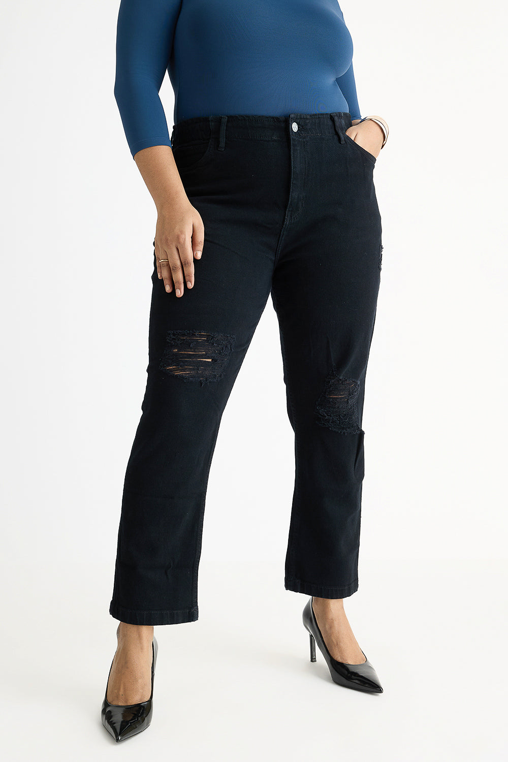 Curve Jet Black Elasticated Distress Slim Jeans