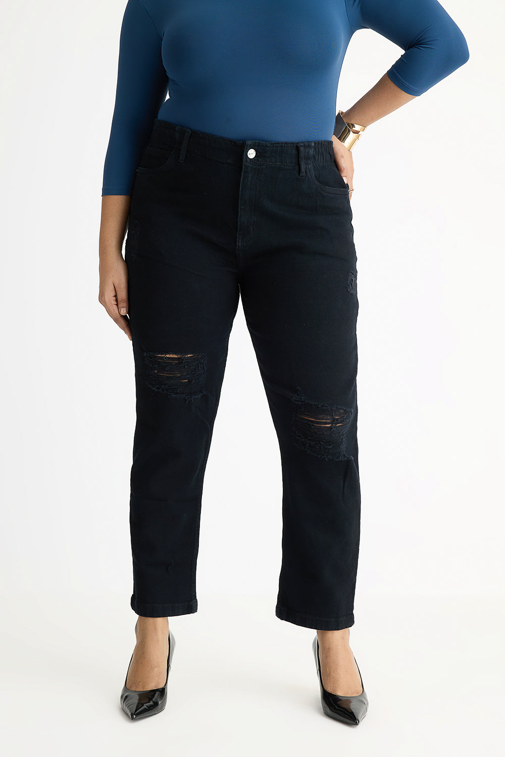 Curve Jet Black Elasticated Distress Slim Jeans