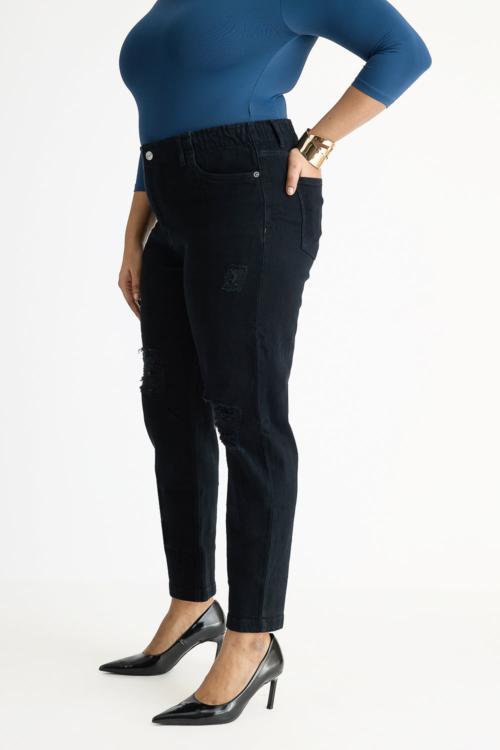 Curve Jet Black Elasticated Distress Slim Jeans