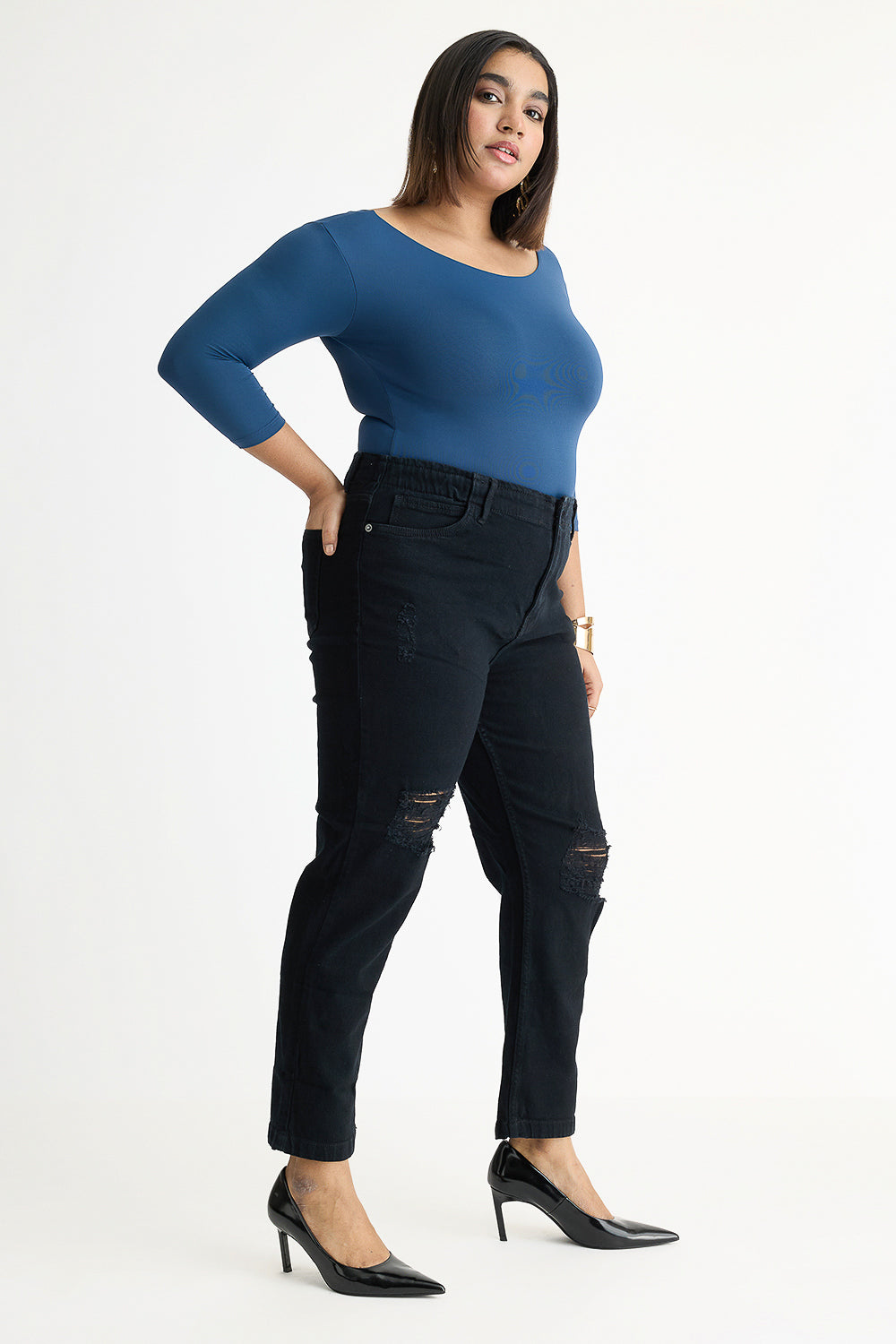 Curve Jet Black Elasticated Distress Slim Jeans