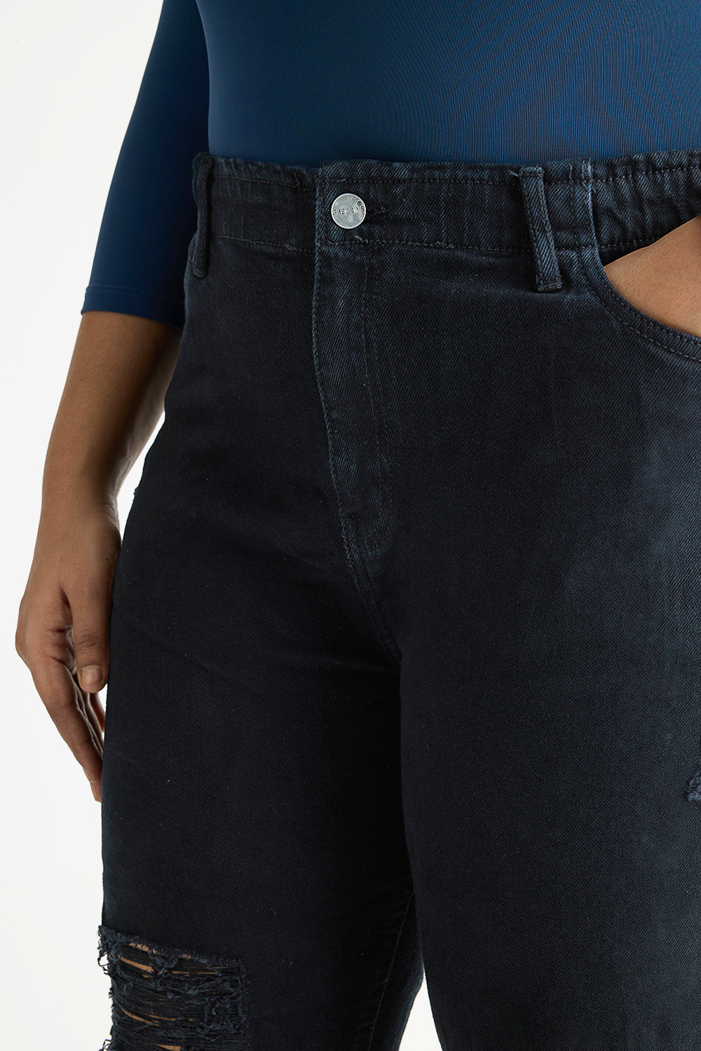 Curve Jet Black Elasticated Distress Slim Jeans