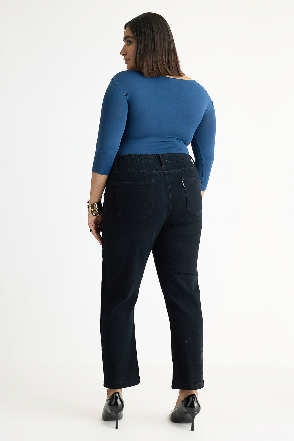 Curve Jet Black Elasticated Distress Slim Jeans