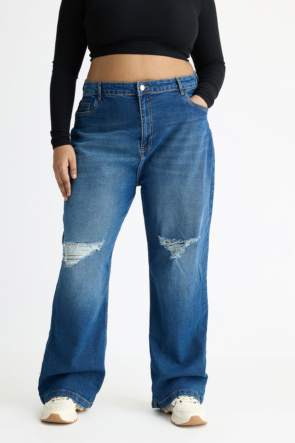 Curve Carbon Blue Knee Distressed Wide Jeans