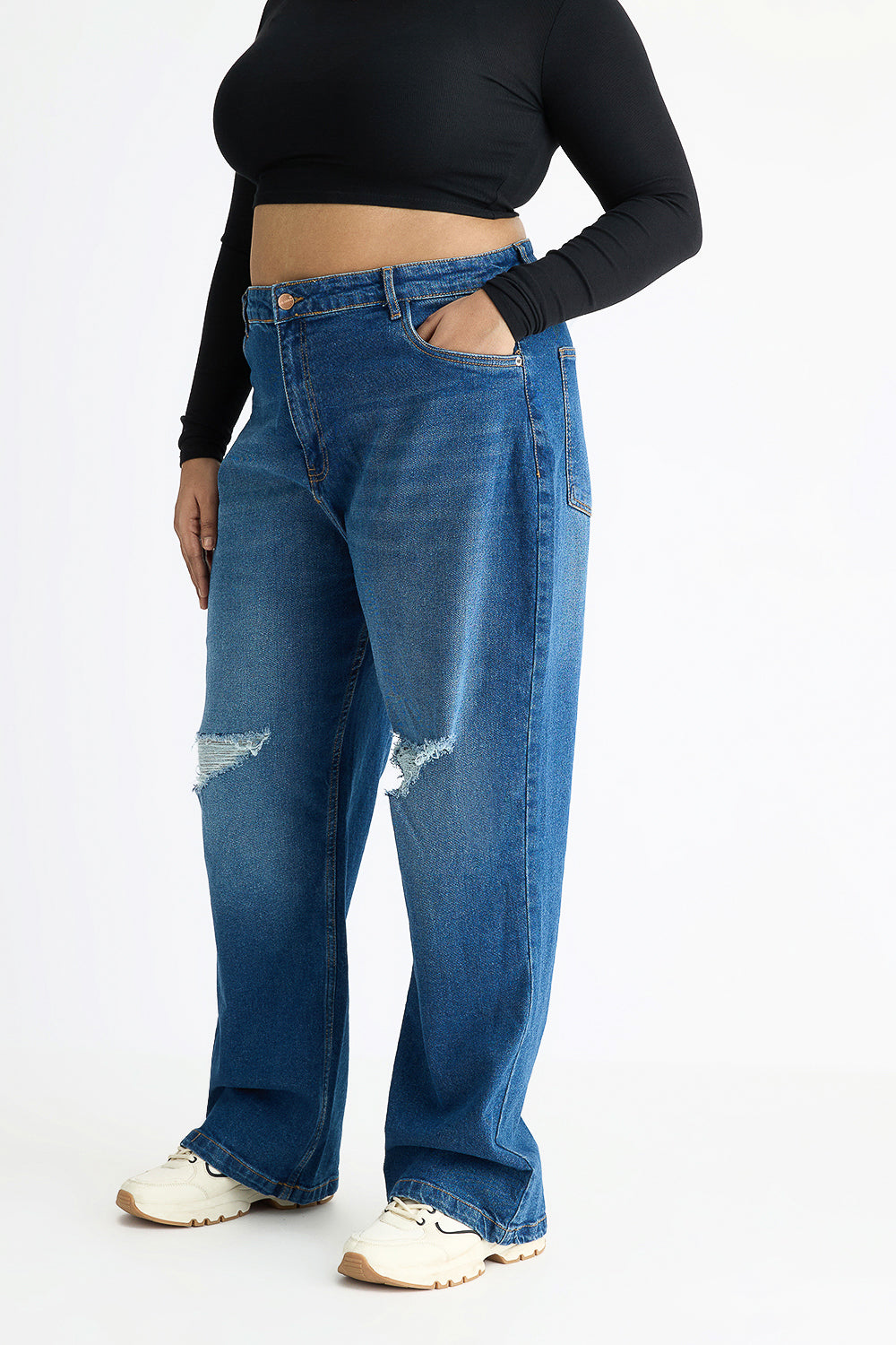 Curve Carbon Blue Knee Distressed Wide Jeans