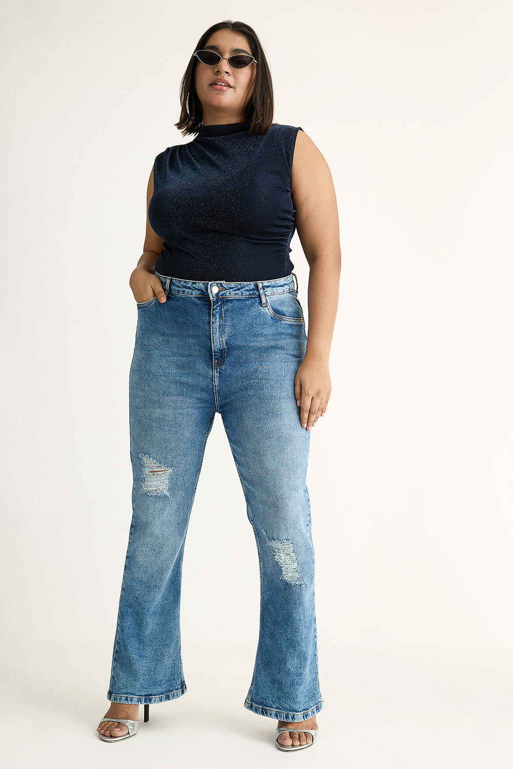 Curve Radiant Blue Distressed Slim Bootcut Jeans