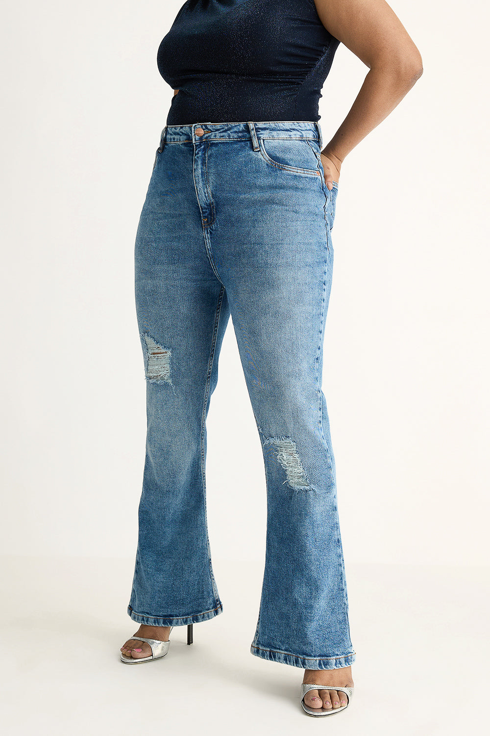 Curve Radiant Blue Distressed Slim Bootcut Jeans