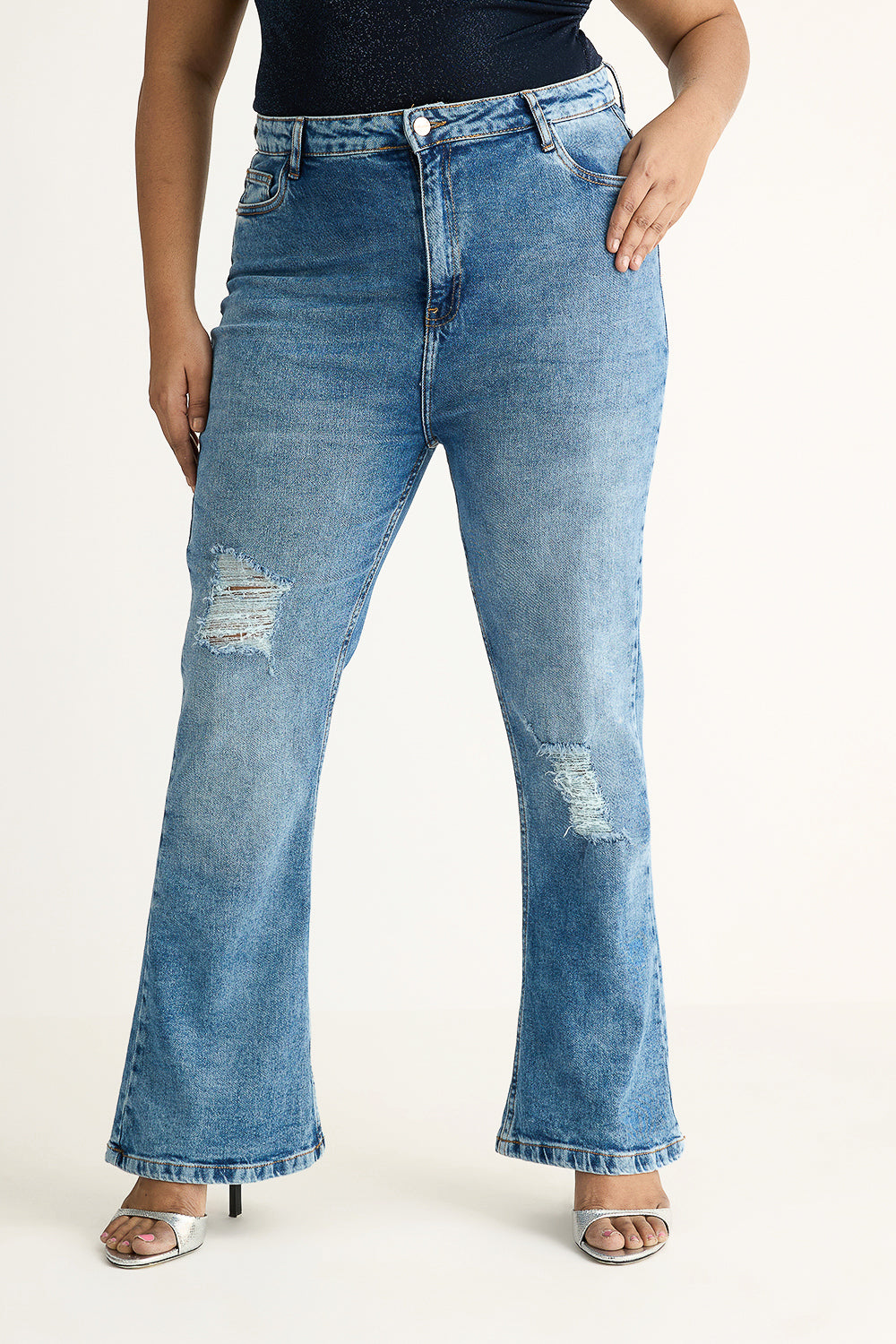 Curve Radiant Blue Distressed Slim Bootcut Jeans