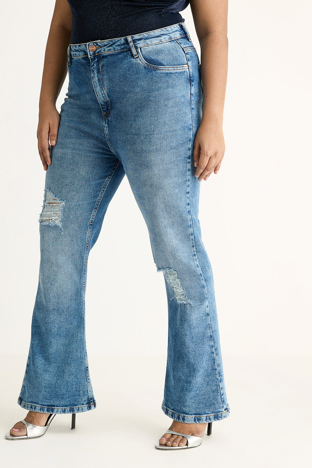 Curve Radiant Blue Distressed Slim Bootcut Jeans