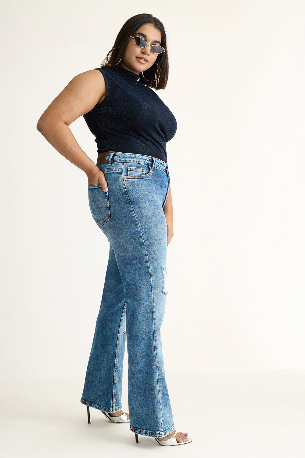 Curve Radiant Blue Distressed Slim Bootcut Jeans