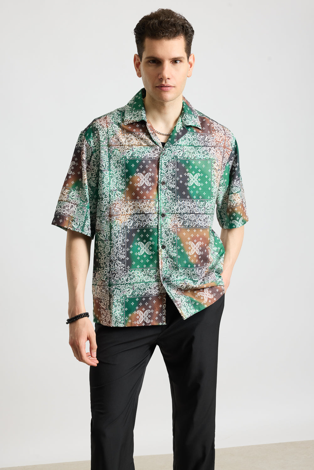 Green Multi Print Men's Resort Shirt