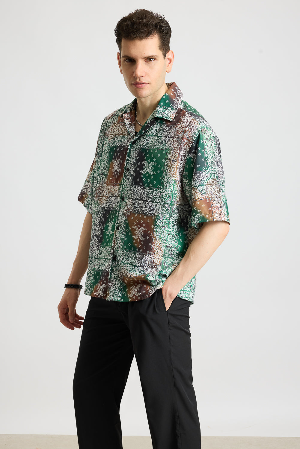 Green Multi Print Men's Resort Shirt