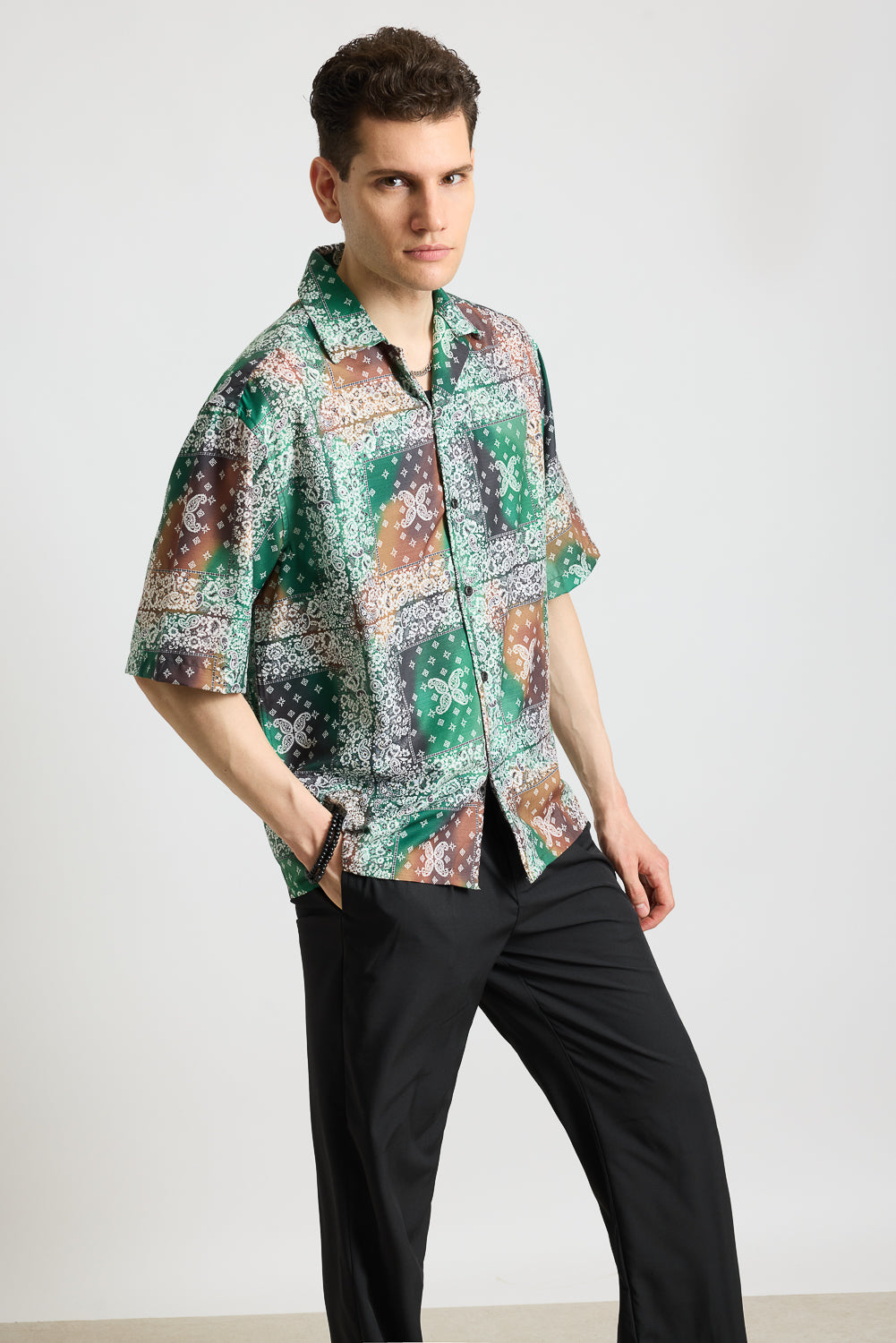 Green Multi Print Men's Resort Shirt