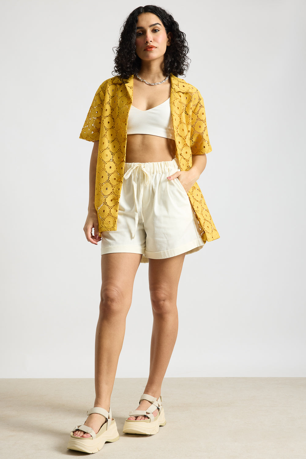 Textured Crochet Women's Shirt-Yellow