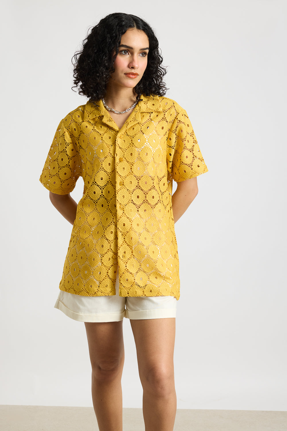 Textured Crochet Women's Shirt-Yellow
