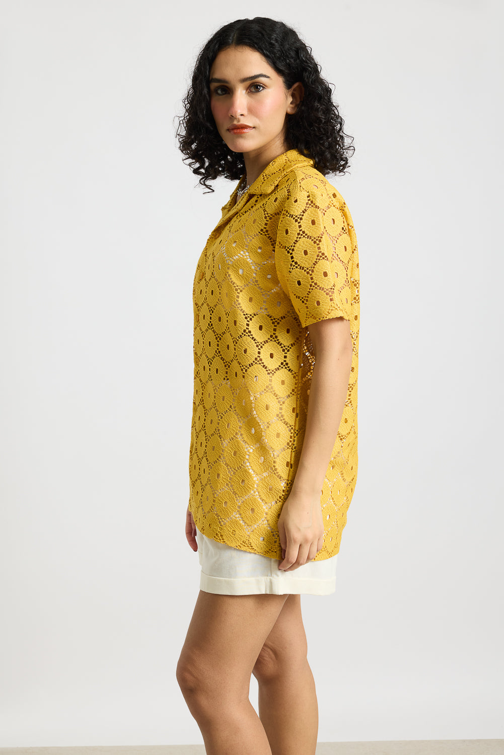 Textured Crochet Women's Shirt-Yellow