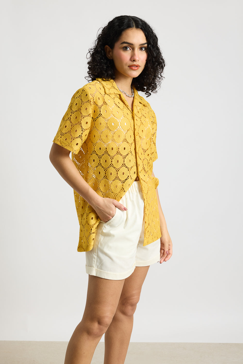 Textured Crochet Women's Shirt-Yellow