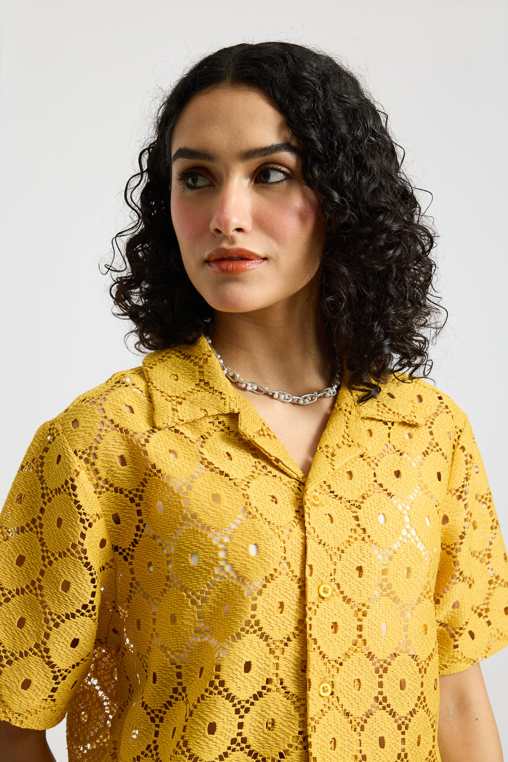 Textured Crochet Women's Shirt-Yellow