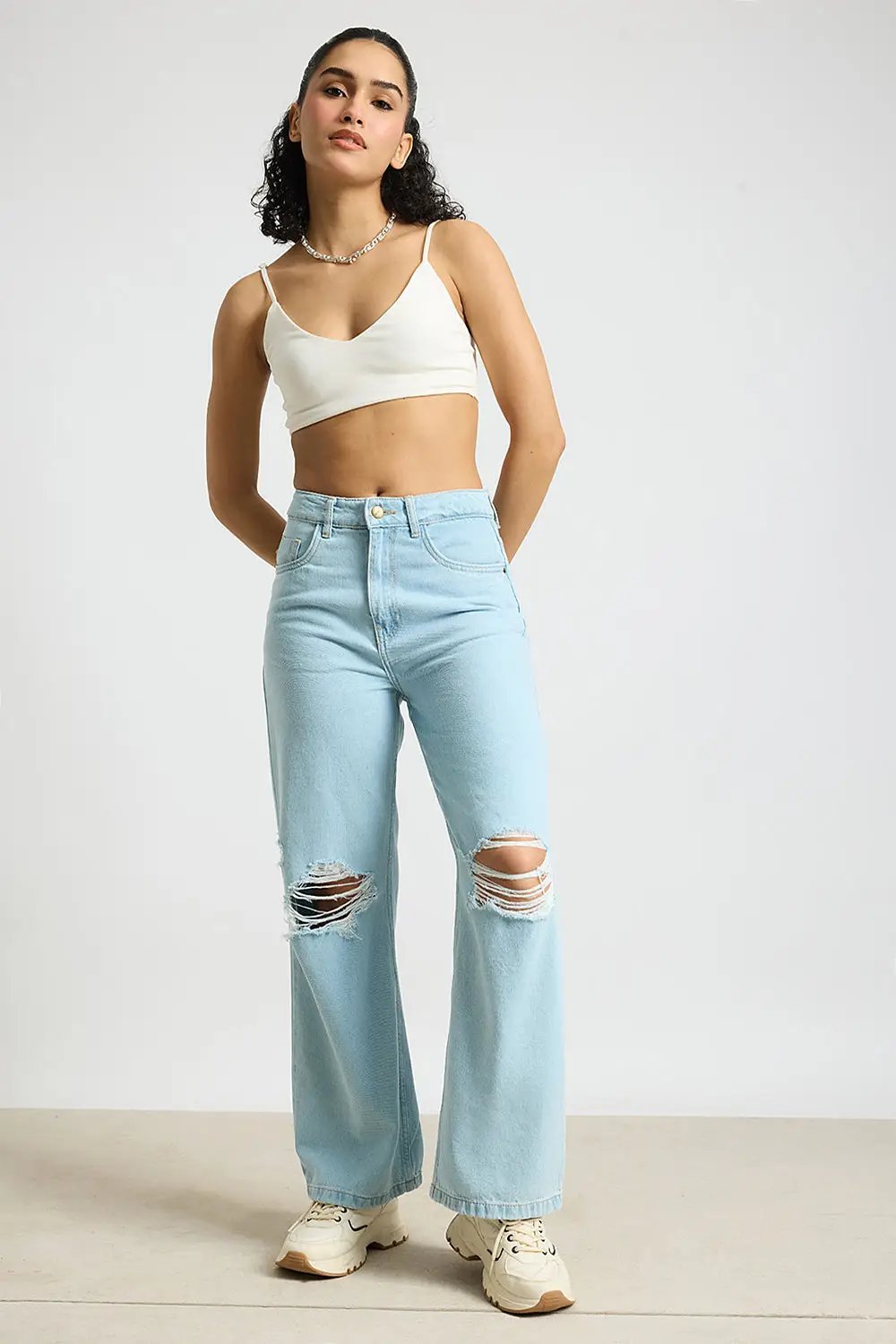 Aqua Haze Distressed Women's Wide Jeans