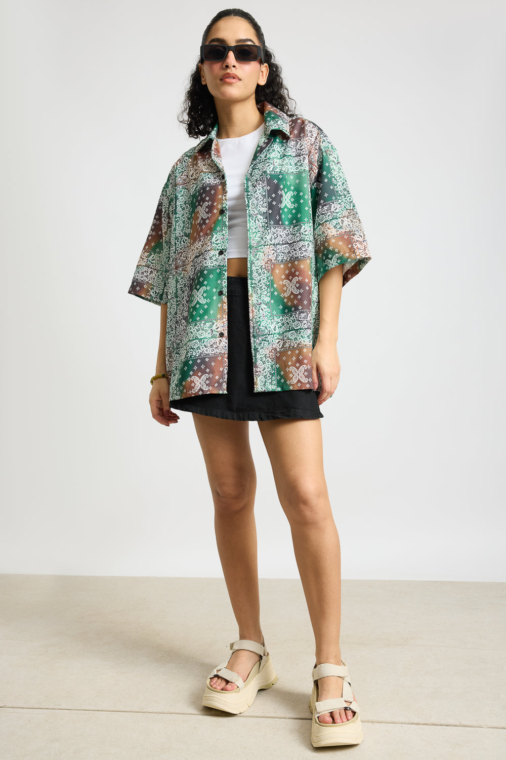 Green Multi Print Women's Resort Shirt