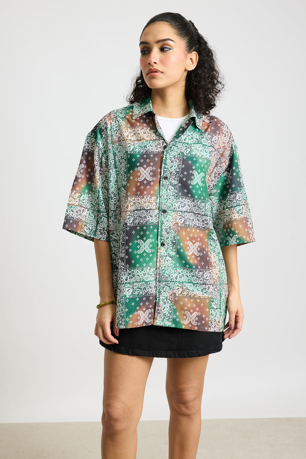 Green Multi Print Women's Resort Shirt