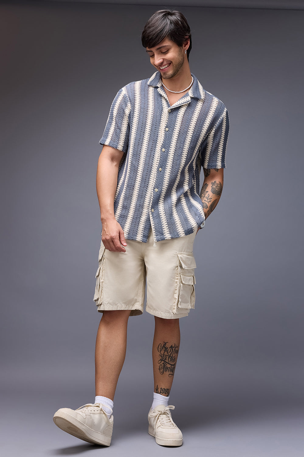 Textured Crochet Men's Shirt - Blue/White Bands