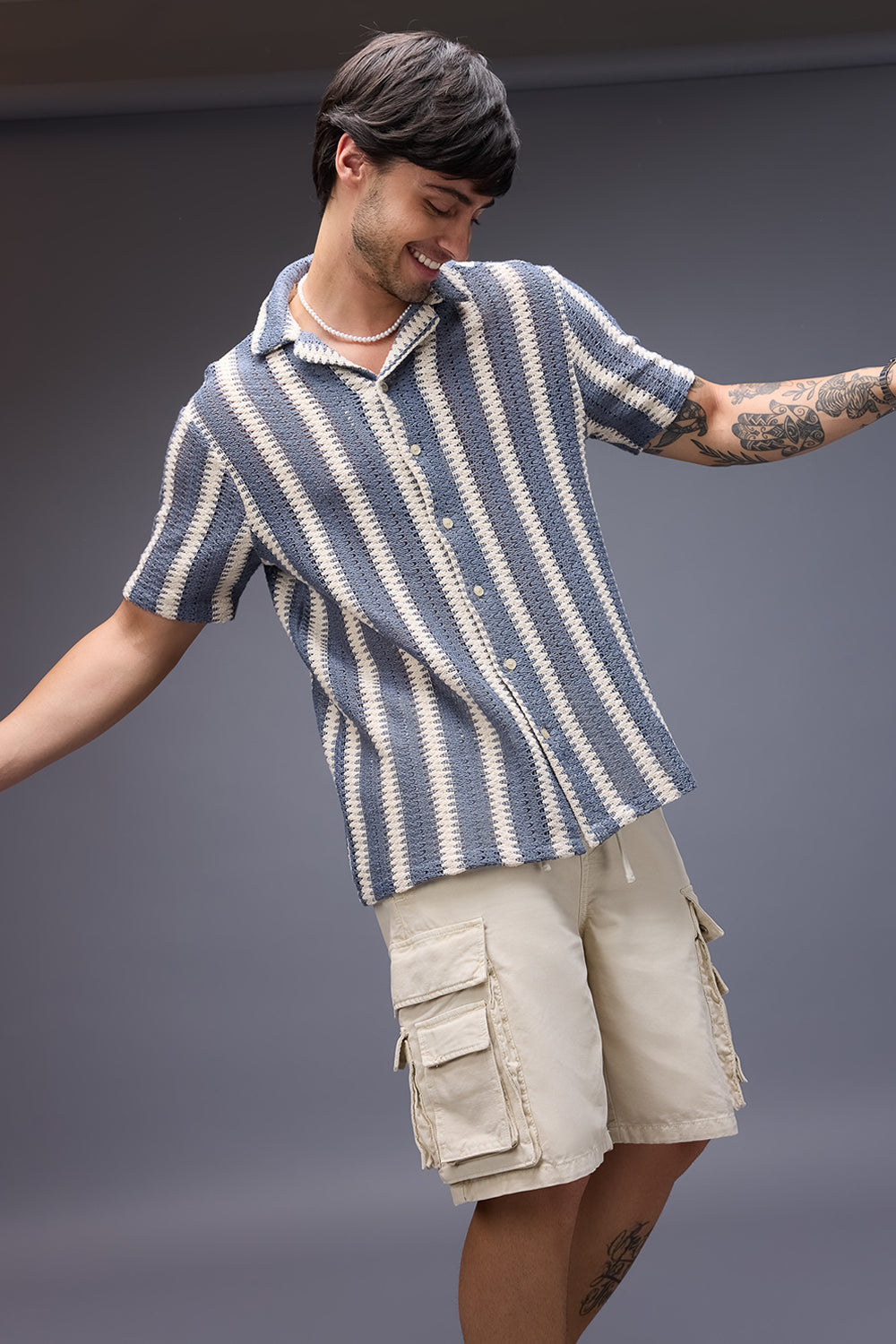 Textured Crochet Men's Shirt - Blue/White Bands