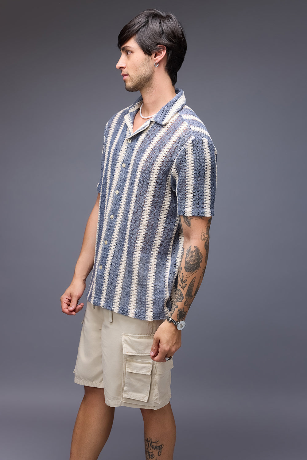 Textured Crochet Men's Shirt - Blue/White Bands