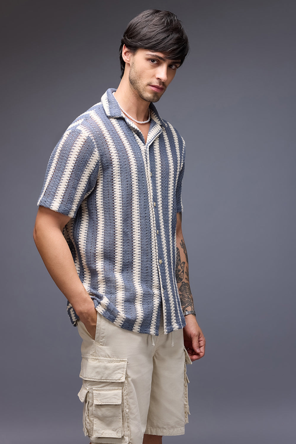 Textured Crochet Men's Shirt - Blue/White Bands