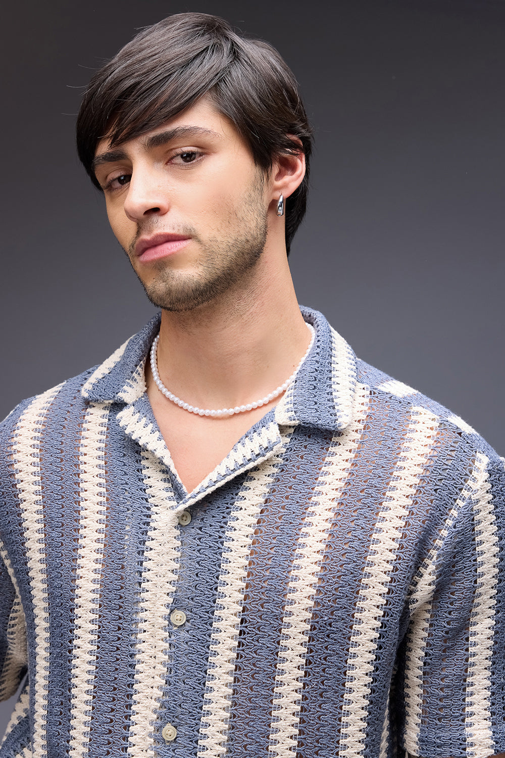 Textured Crochet Men's Shirt - Blue/White Bands