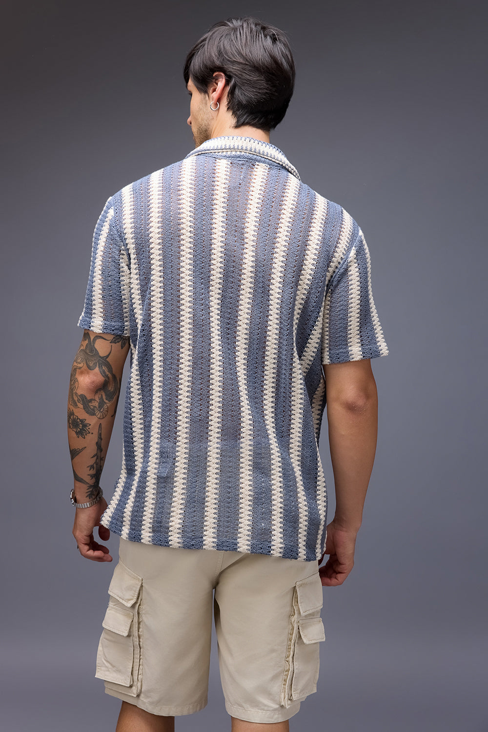 Textured Crochet Men's Shirt - Blue/White Bands