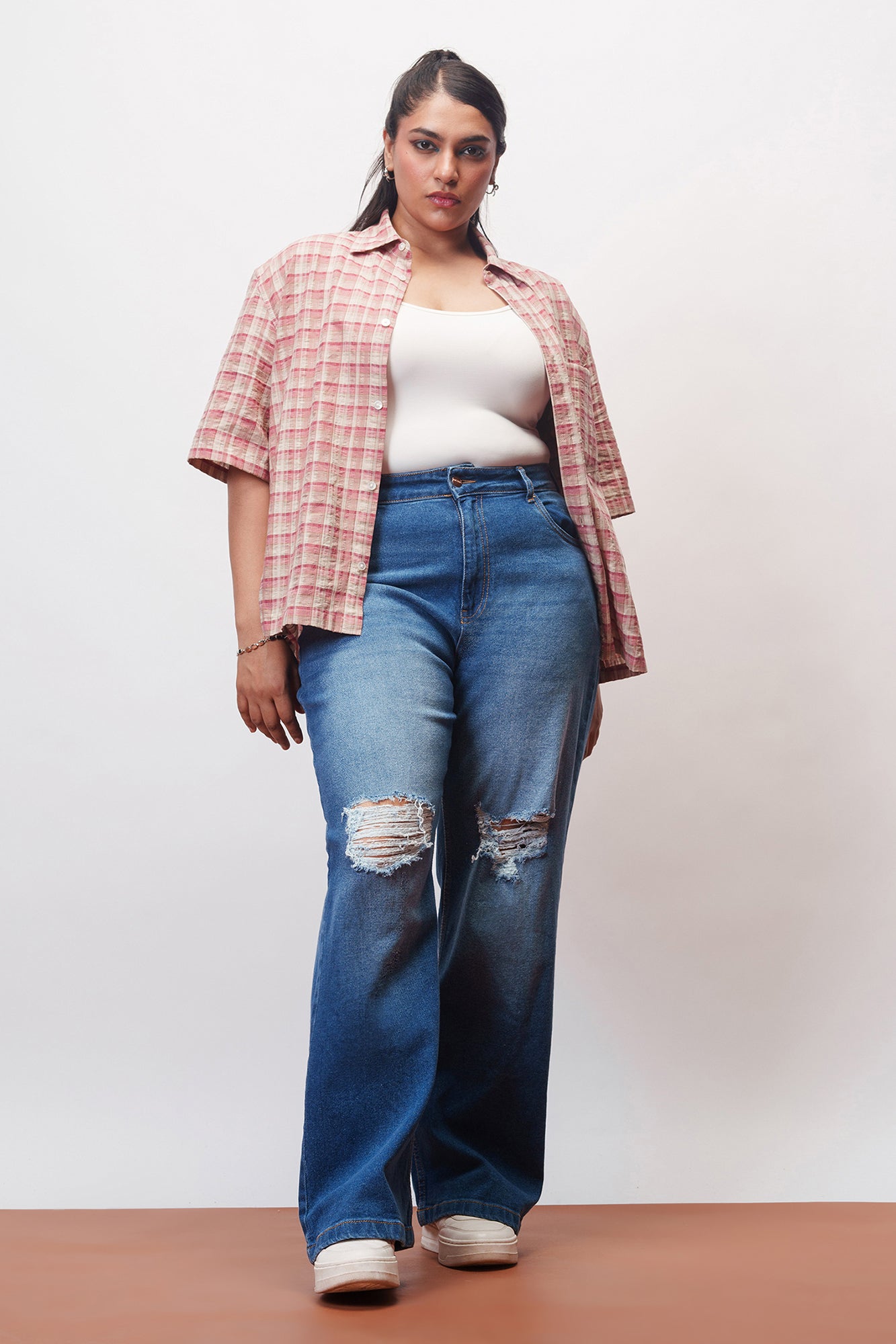 Curve Everyday Blue Knee Distressed Wide Jeans