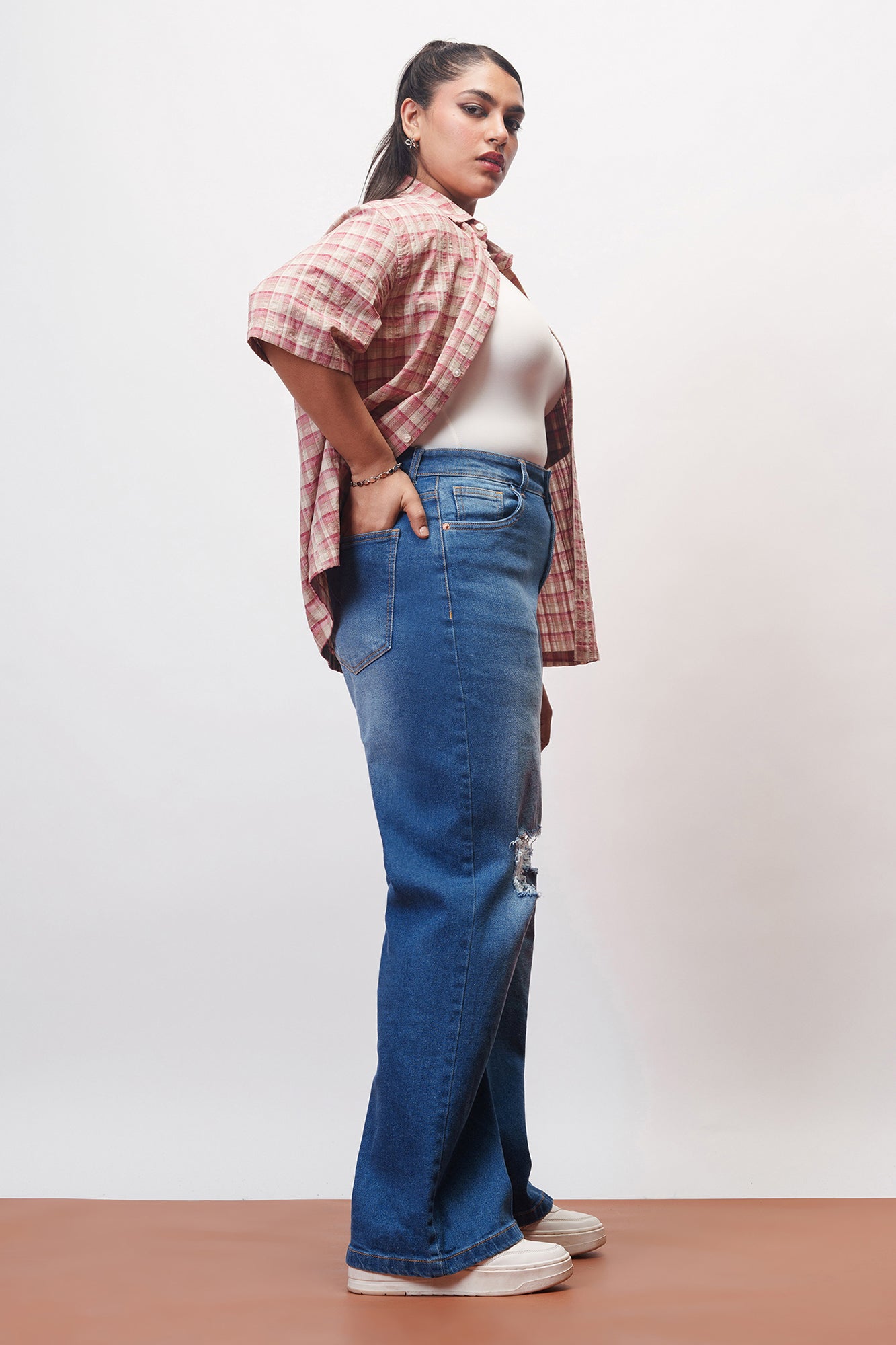 Curve Everyday Blue Knee Distressed Wide Jeans