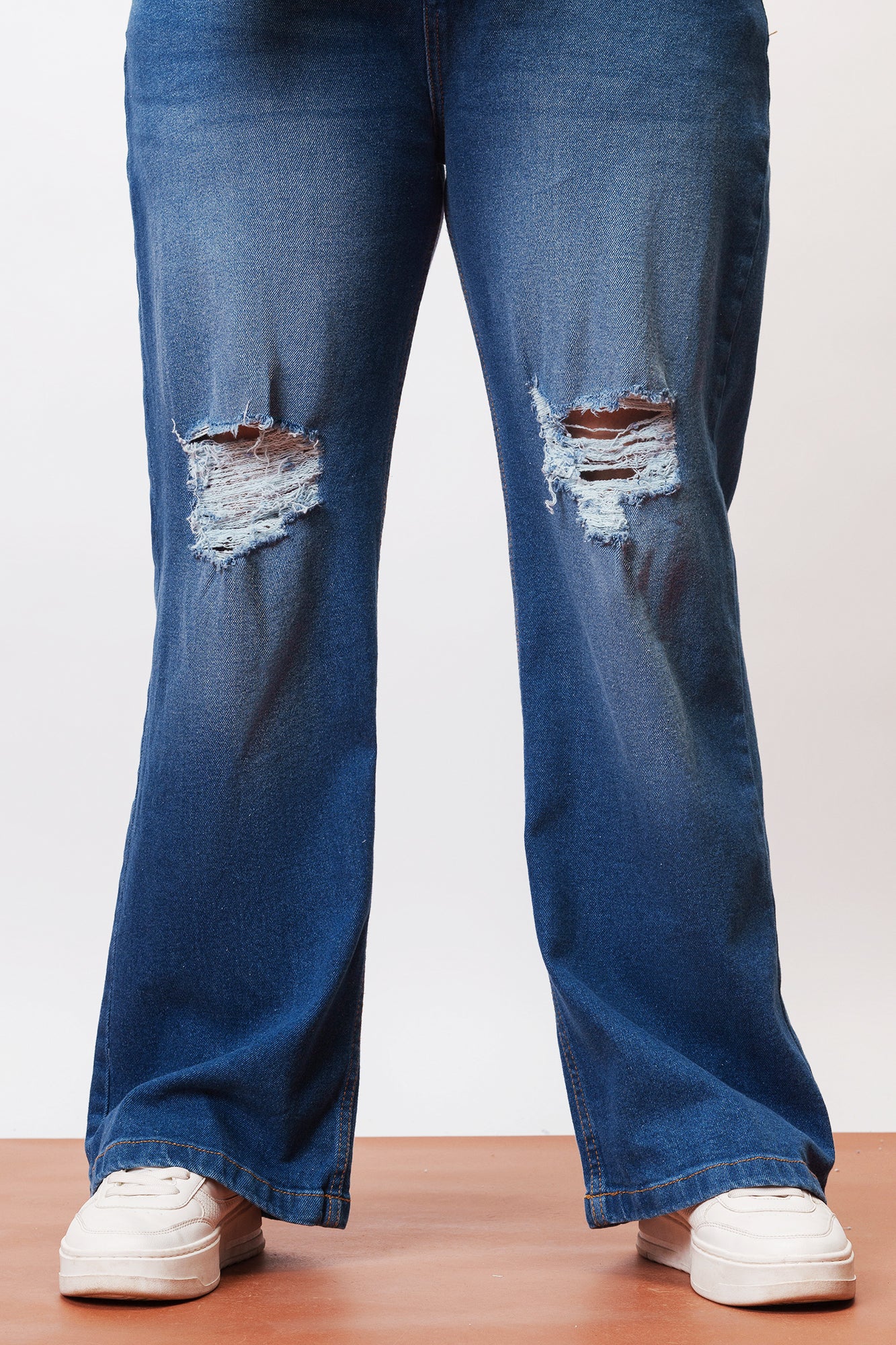 Curve Everyday Blue Knee Distressed Wide Jeans