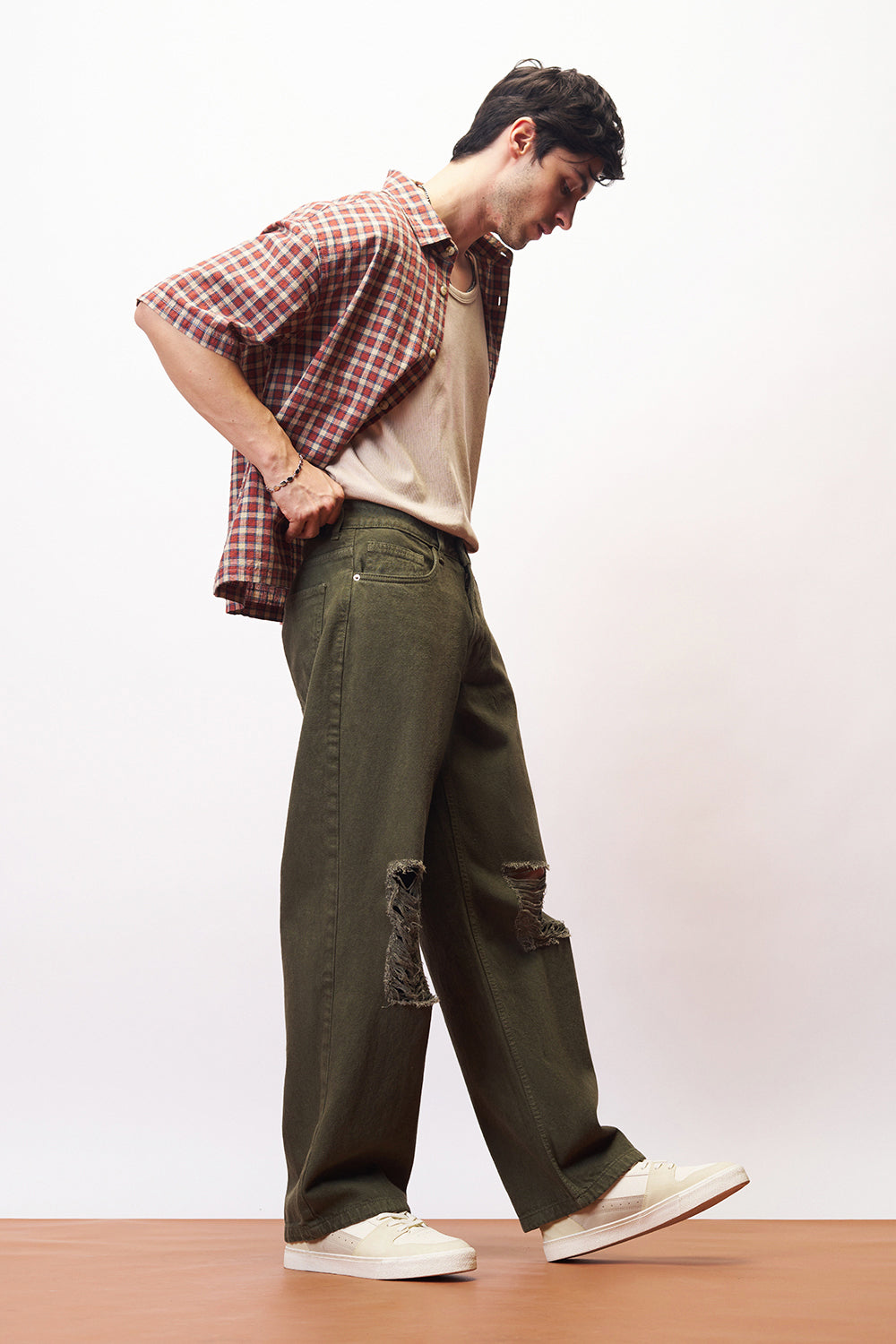 Dark Olive Distressed Men's Straight Jeans