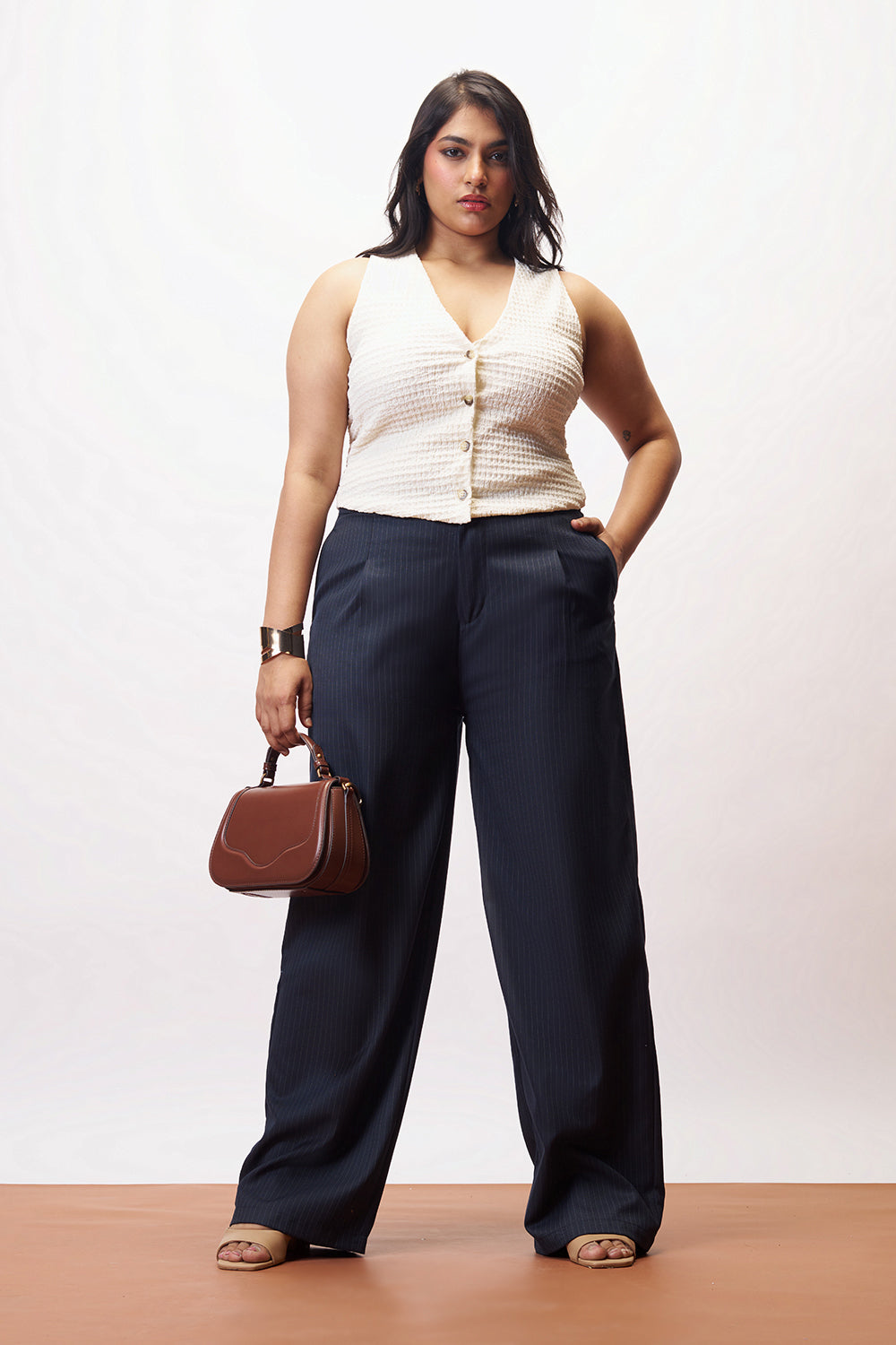 Curve Sleek Navy Straight Pinstripe Pants