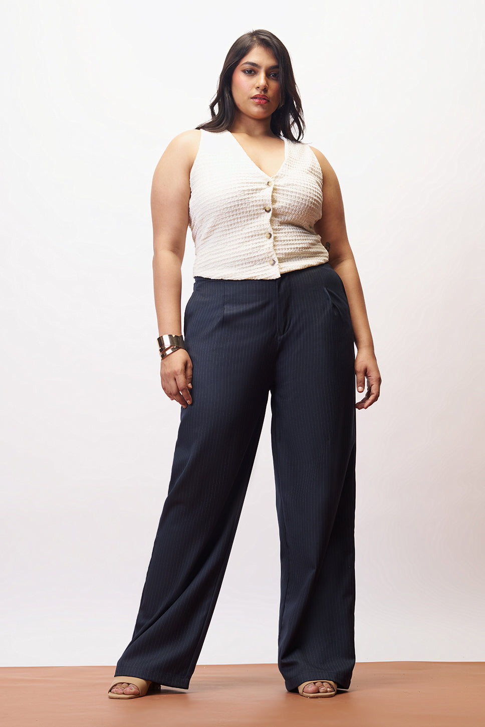 Curve Sleek Navy Straight Pinstripe Pants