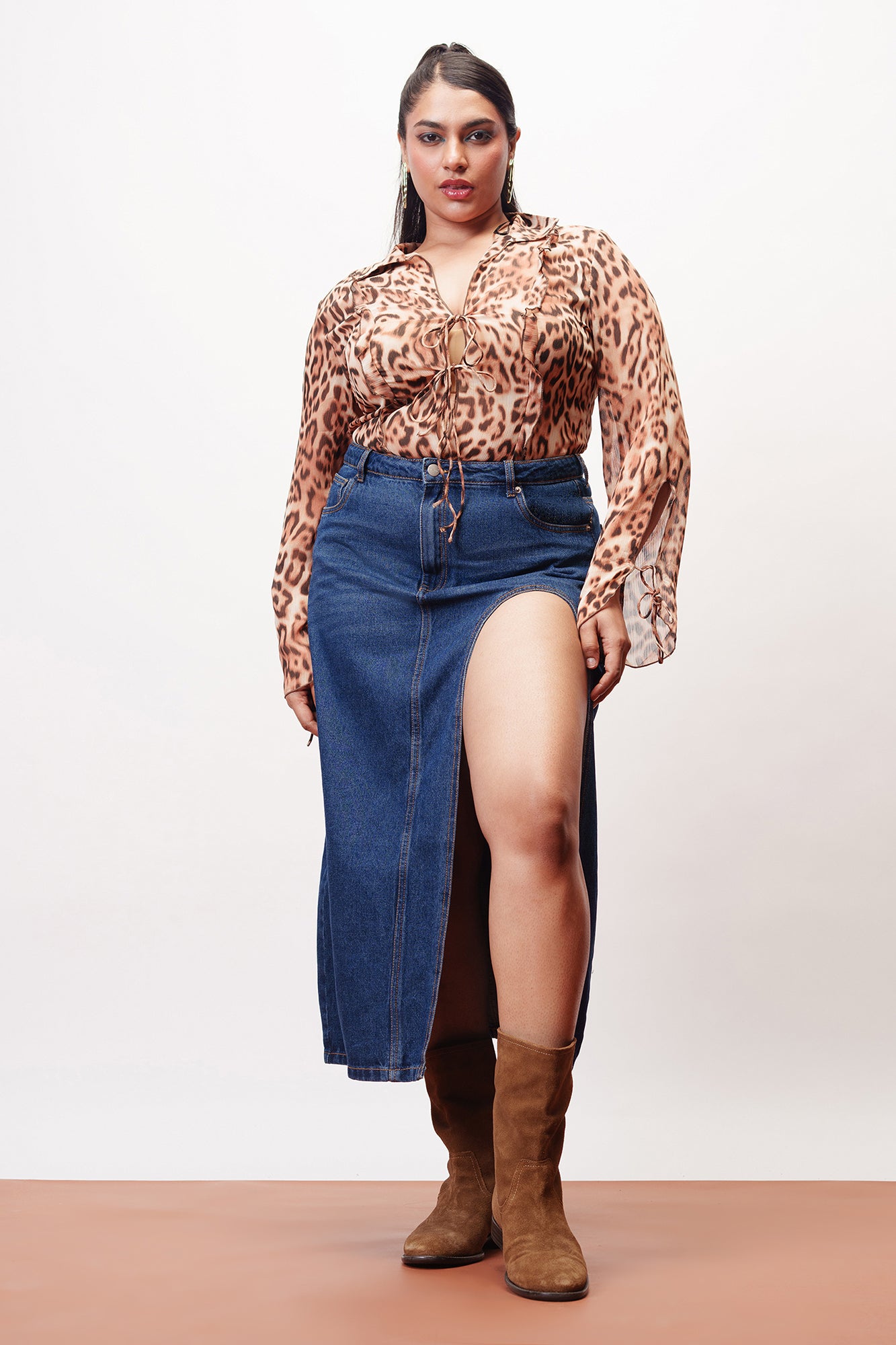 Curve Indigo Sleek High Curved Slit Midi Skirt