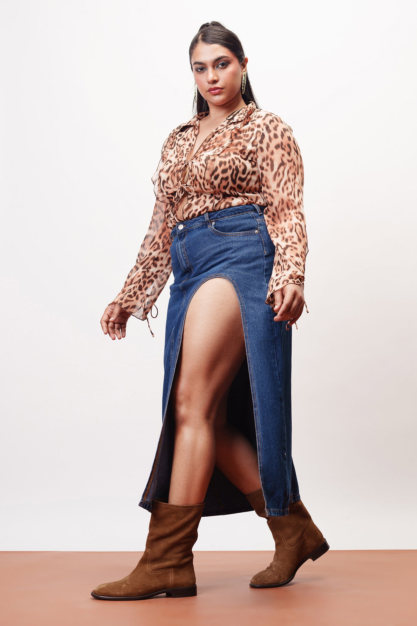 Curve Indigo Sleek High Curved Slit Midi Skirt