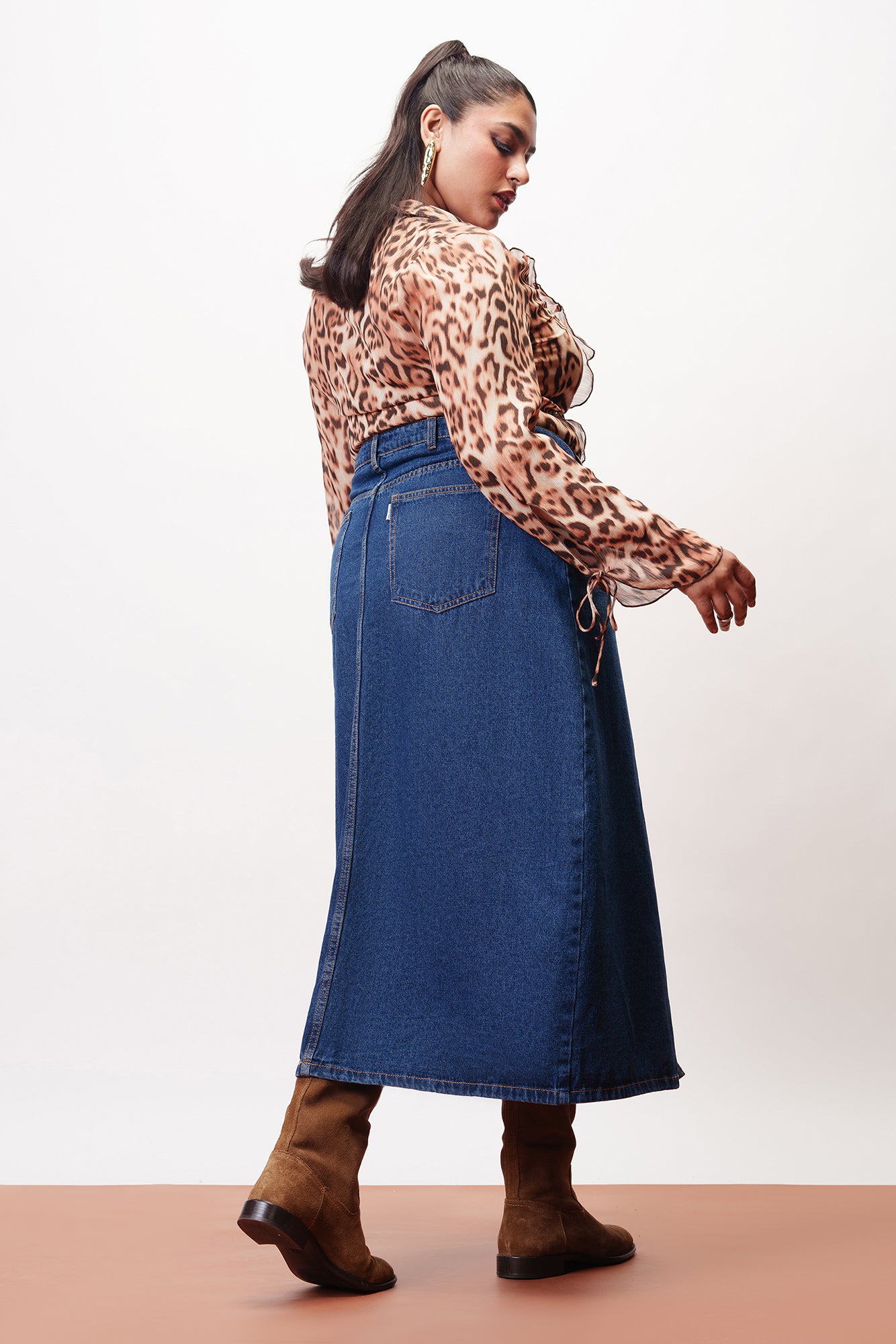 Curve Indigo Sleek High Curved Slit Midi Skirt
