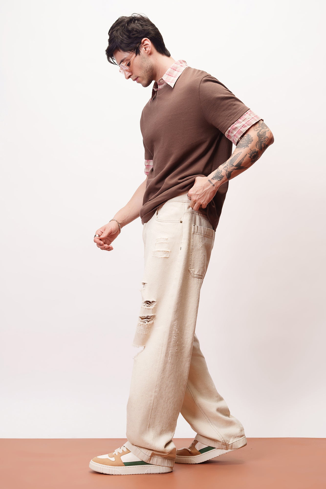 Dewy Ecru Distressed Men's Baggy Straight Jeans