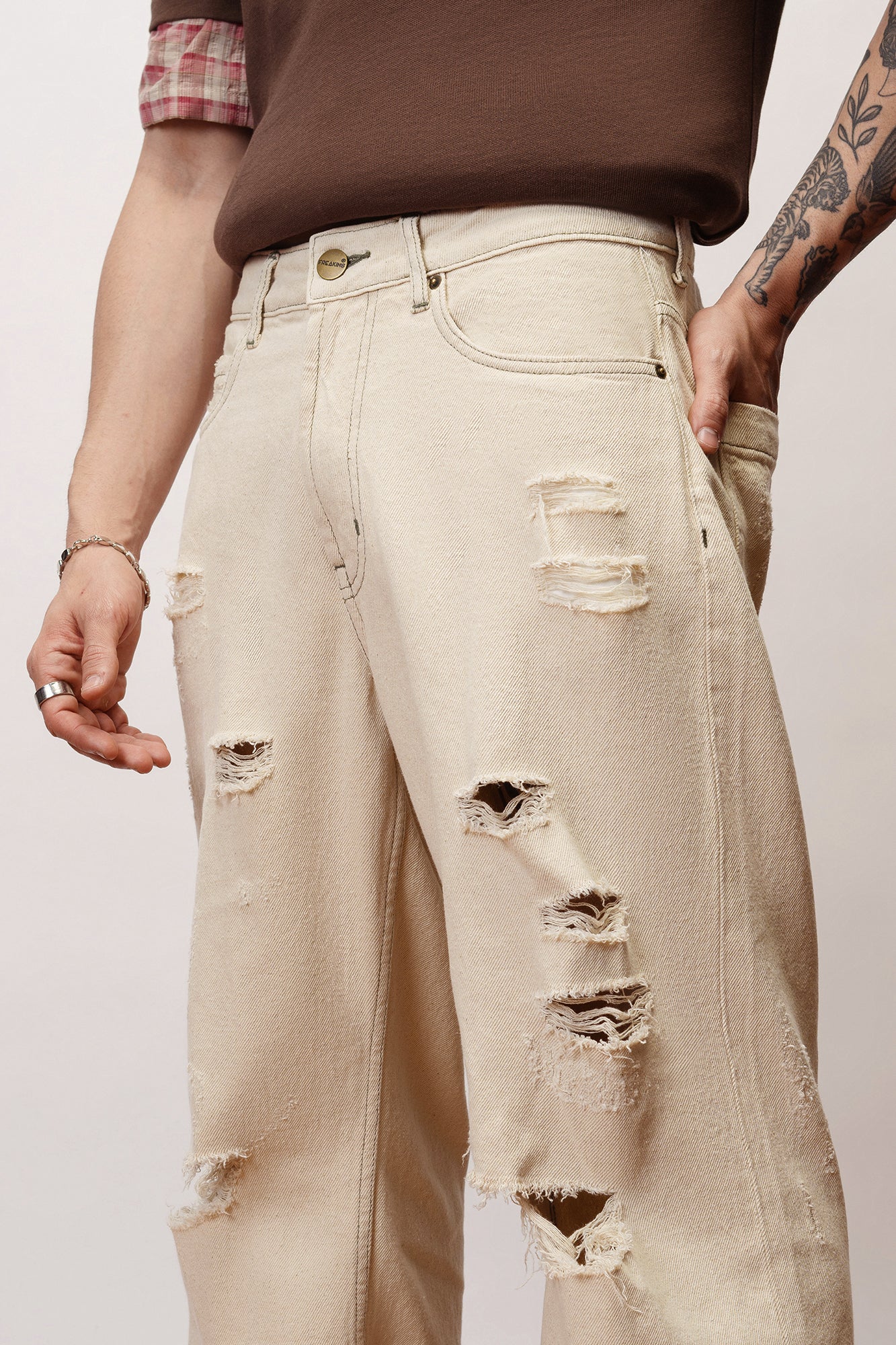 Dewy Ecru Distressed Men's Baggy Straight Jeans