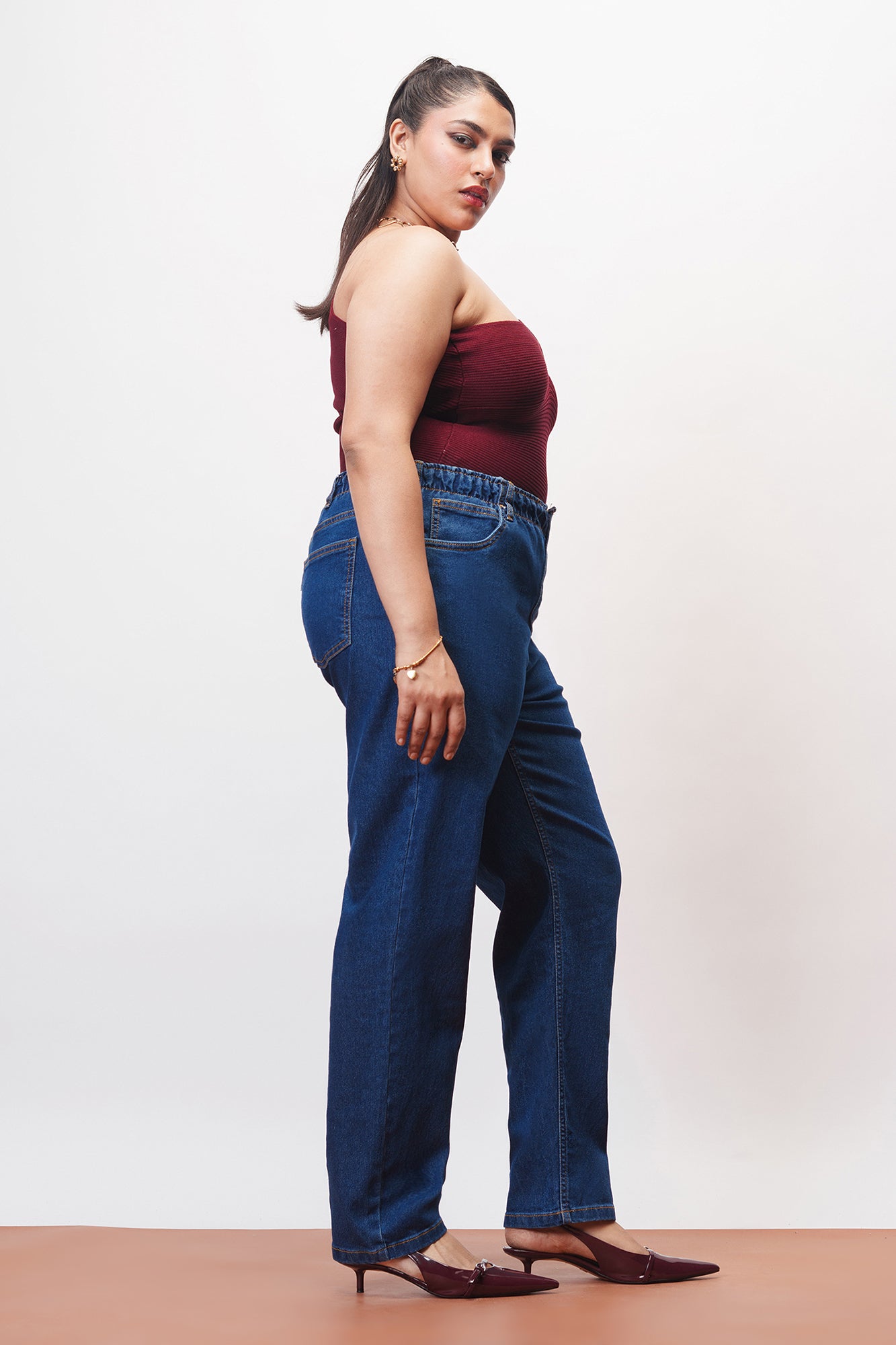 Curve Casual Blue Elasticated Mom Jeans