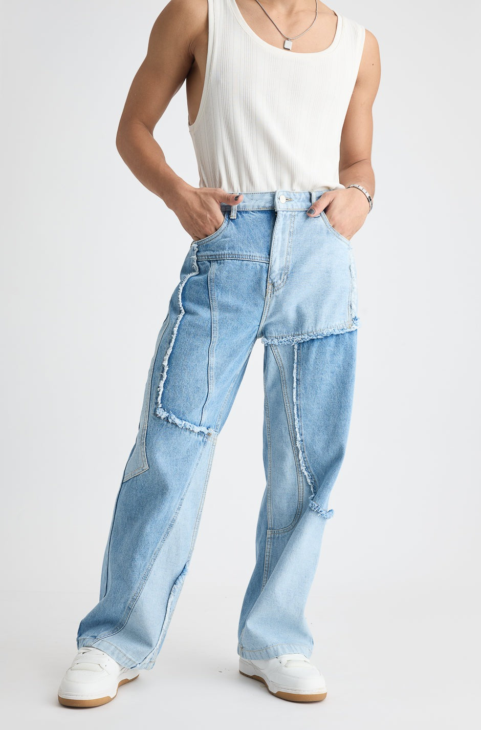 Blue Patchwork Men's Straight Jeans