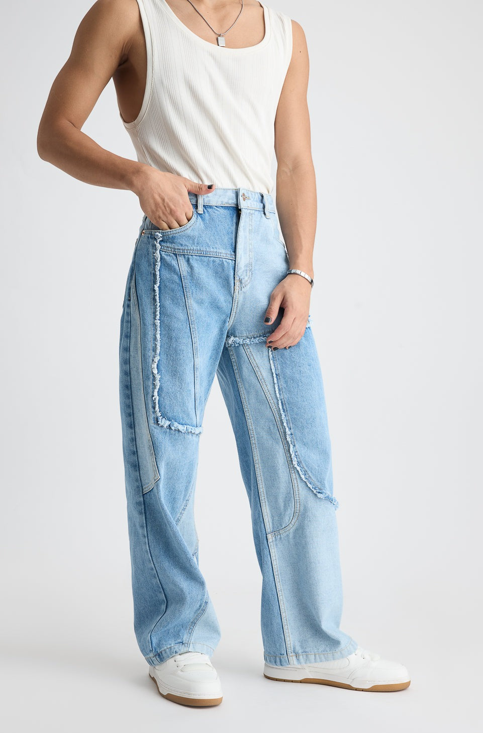 Blue Patchwork Men's Straight Jeans