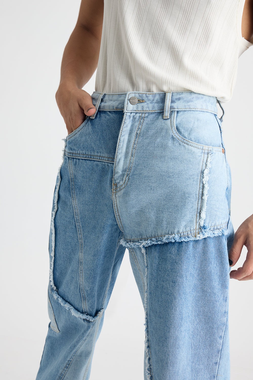 Blue Patchwork Men's Straight Jeans