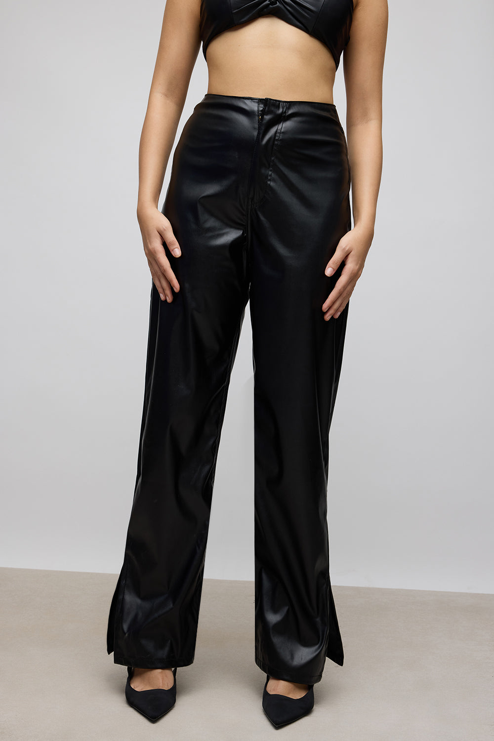 Black Side Slit Women's Straight Leather Pants