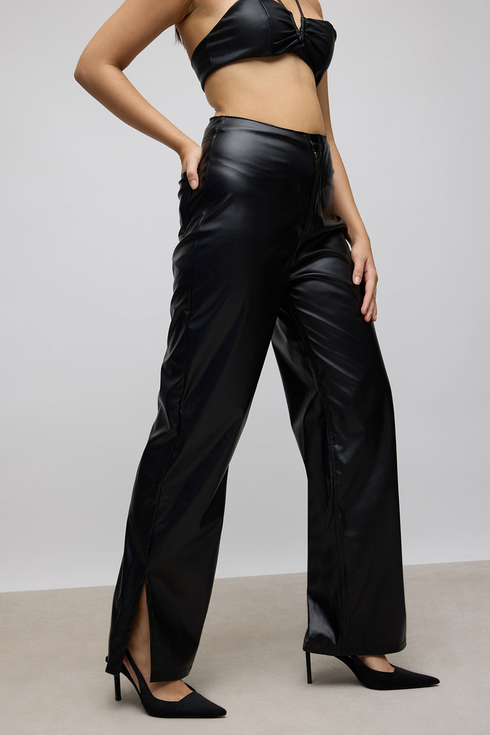 Black Side Slit Women's Straight Leather Pants
